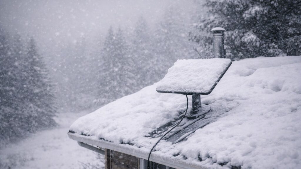 starlink dish mounted on roof covered in snow during winter storm affecting connectivity