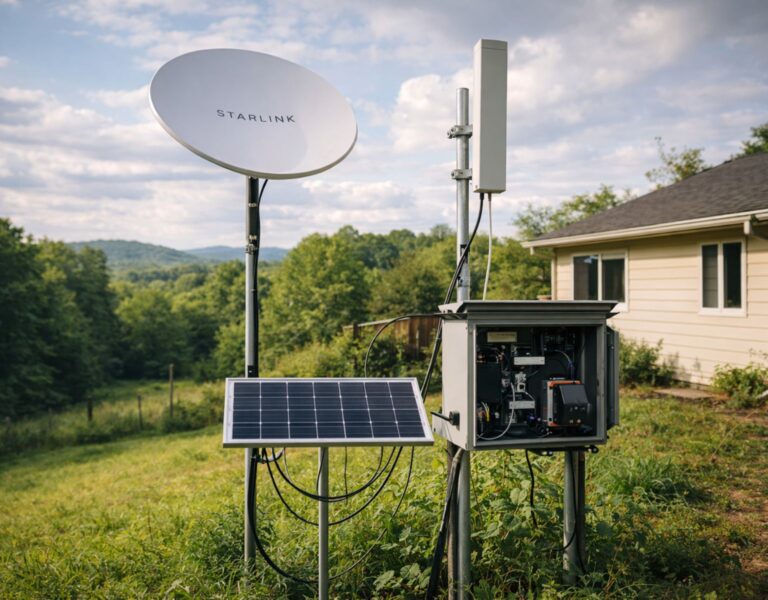 off grid internet system starlink satellite dish lte antenna solar powered communication setup