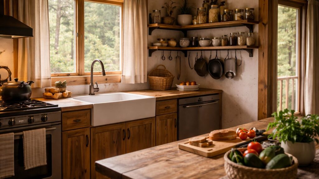 Simple off-grid kitchen interior with natural light and no visible power systems or infrastructure