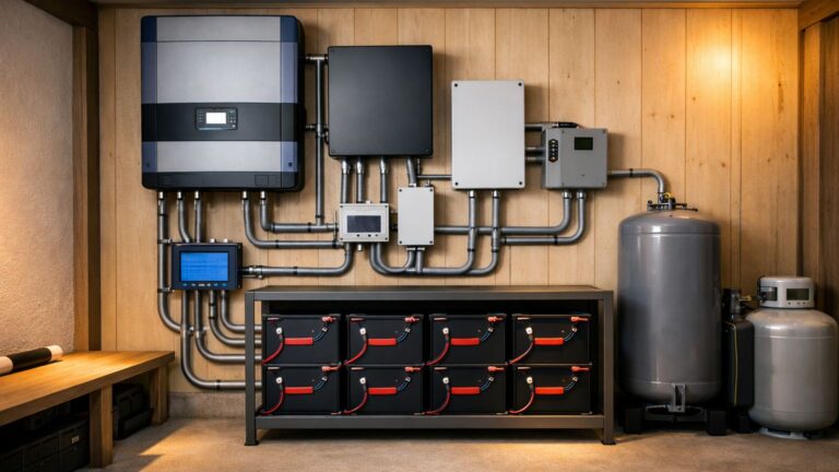 professionally installed off-grid power system with inverter, battery bank, and clean conduit-managed wiring