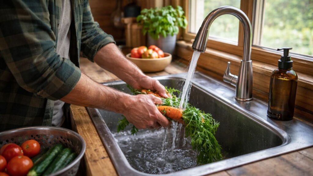Person rinsing vegetables under running water in an off-grid cabin kitchen
