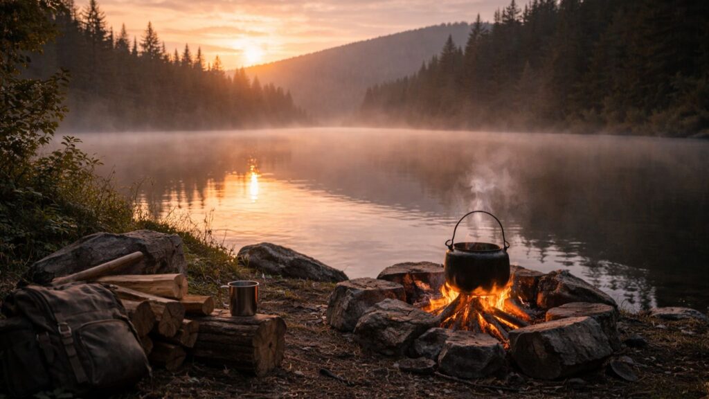 Peaceful off-grid morning by a lake with a small campfire and kettle at sunrise