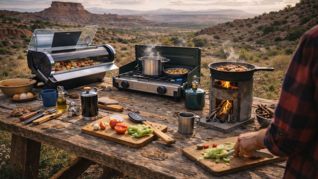 off grid cooking setup using solar oven propane stove and rocket stove together outdoors