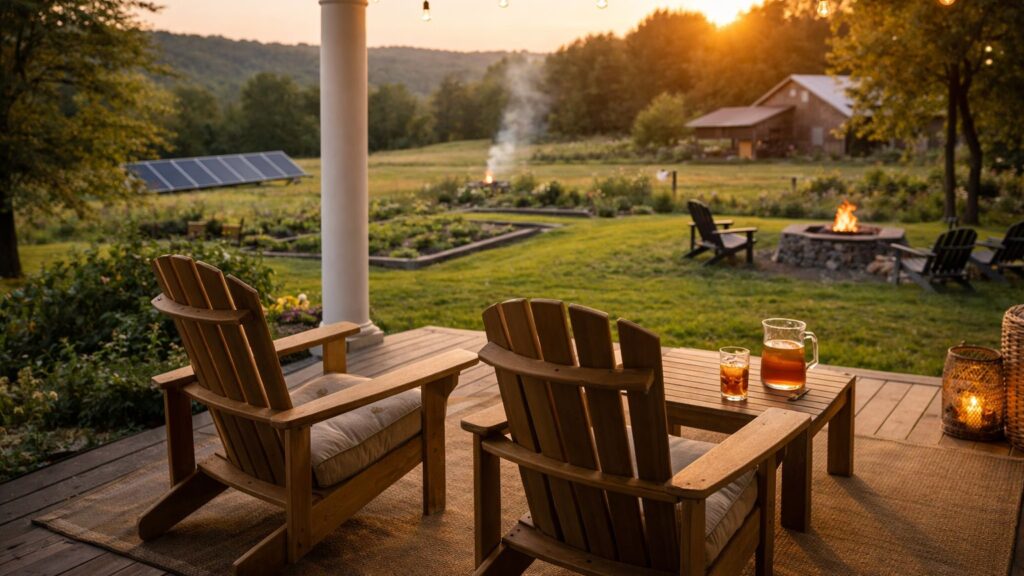 peaceful off-grid homestead porch overlooking garden and solar panels at sunset with chairs and a drink