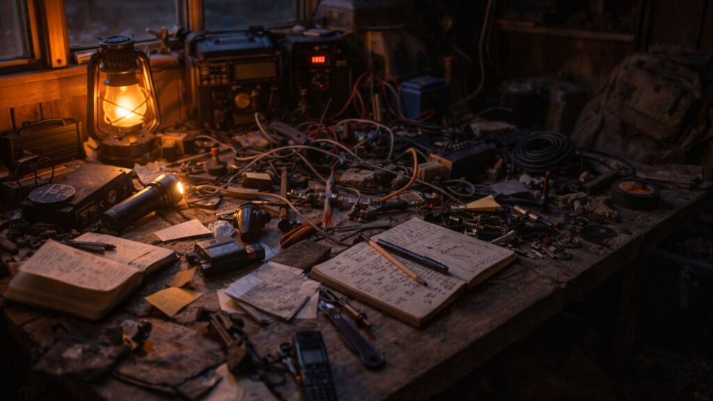 Cluttered off-grid workspace with tools, notes, and tangled wires creating a sense of mental overload
