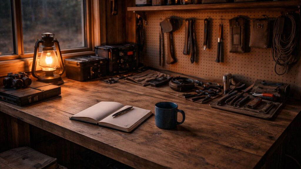 Clean and organized off-grid workspace with neatly arranged tools, notebook, and warm lantern lighting