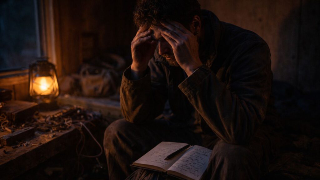 disorganized off-grid workspace with minimal tools and warm lighting