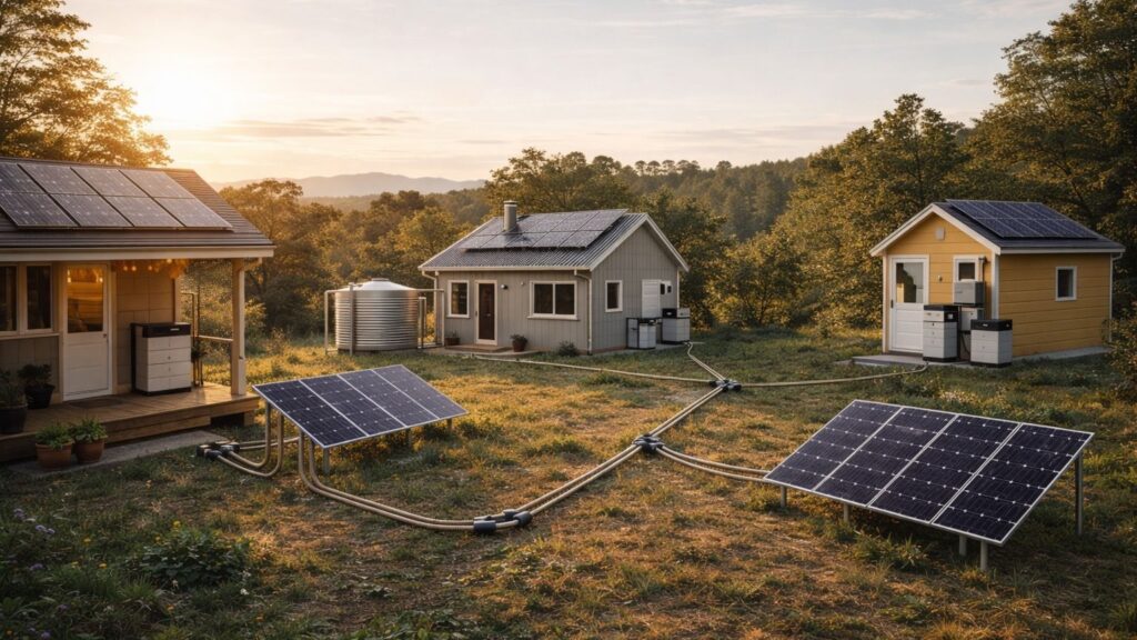 small off-grid homes connected with shared solar power and battery systems in a microgrid setup