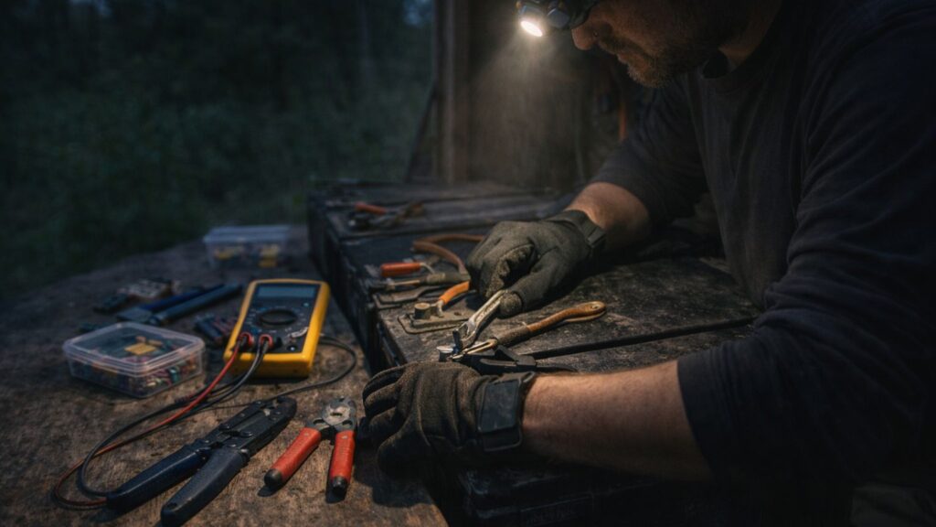 Person using a headlamp to repair an off-grid electrical issue at dusk with tools nearby
