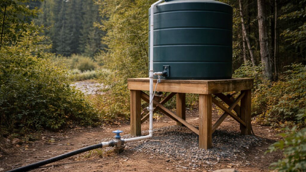 Gravity-fed water tank elevated on a wooden stand with simple piping and no powered components
