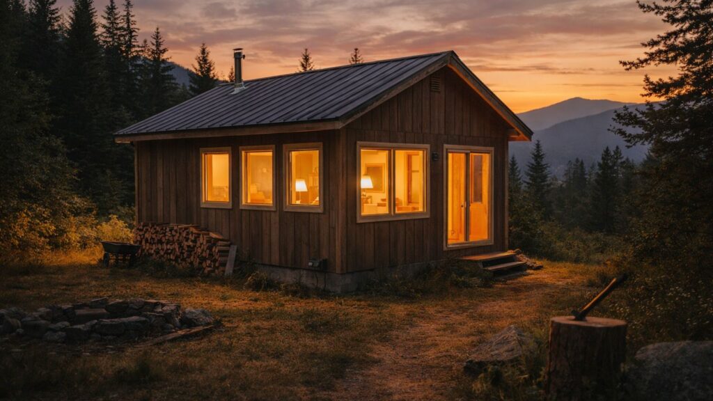 Off-grid cabin at sunset with warm light glowing from inside, surrounded by forest and mountains