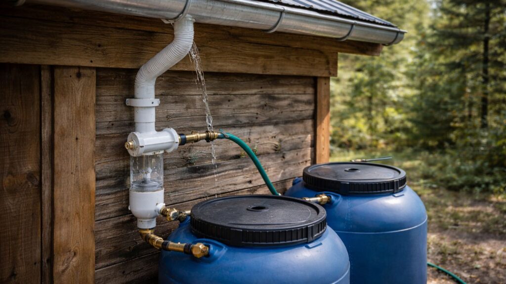 Rainwater harvesting system with gutter, first flush diverter, and storage barrels at a cabin