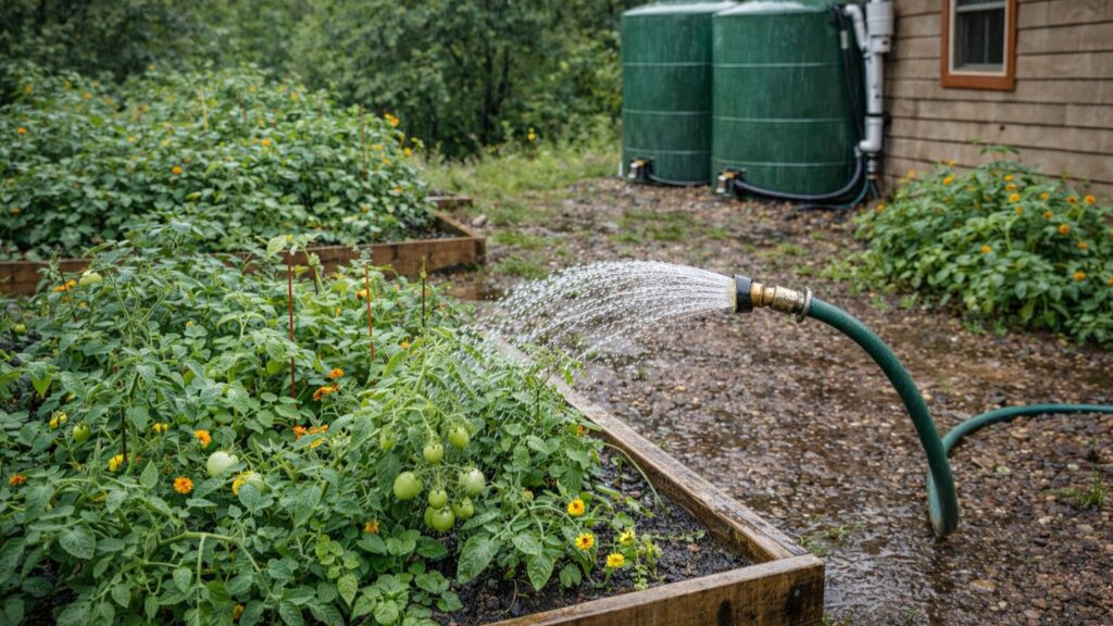 rainwater harvesting system supplying water to garden beds in off grid homestead