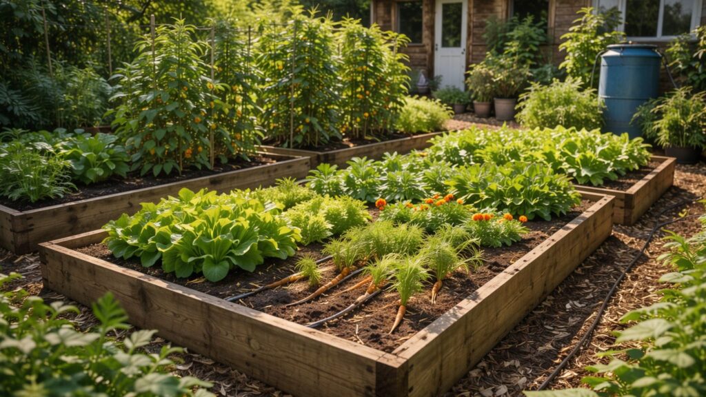 raised garden beds producing vegetables in off grid homestead soil system