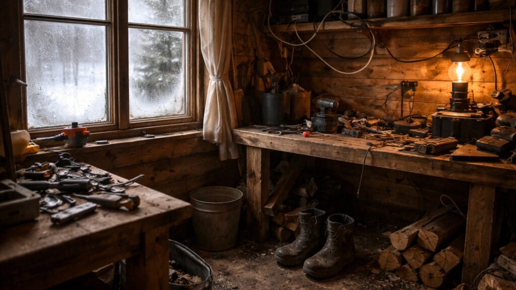 cluttered off-grid cabin workspace with tools, exposed wiring, muddy boots, and frosted window