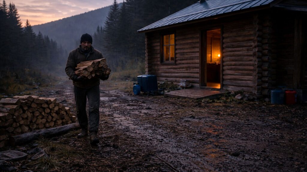 Person carrying firewood through muddy ground outside an off-grid cabin after a long night