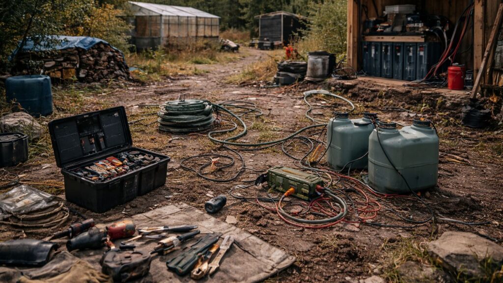 Off-grid worksite with exposed wiring, hoses, tools, and partially disassembled equipment on muddy ground