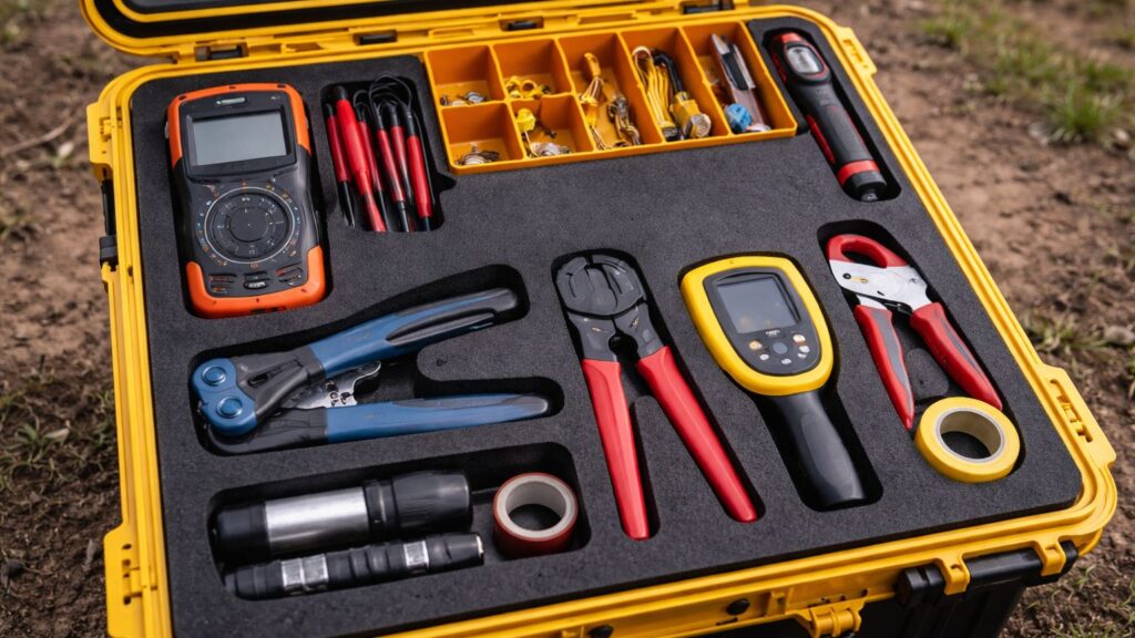 organized off grid repair toolkit with electrical and plumbing tools in rugged case