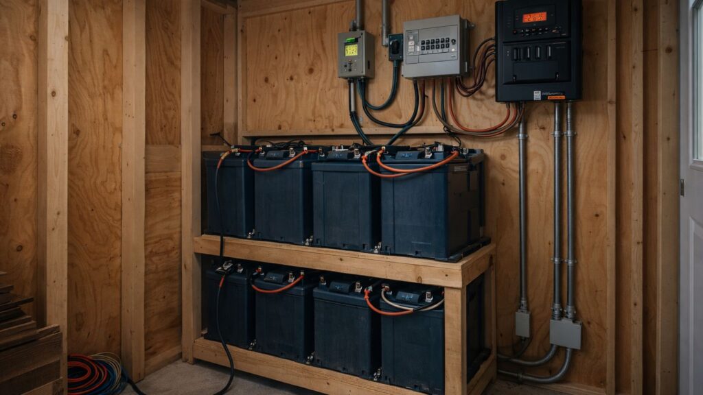 Enclosed off-grid battery and inverter system installed inside a weather-protected shed with clean wiring