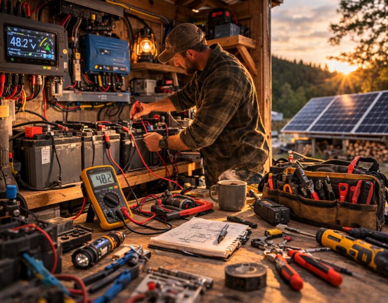 off grid solar battery system maintenance with multimeter tools wiring inspection and organized repair toolkit