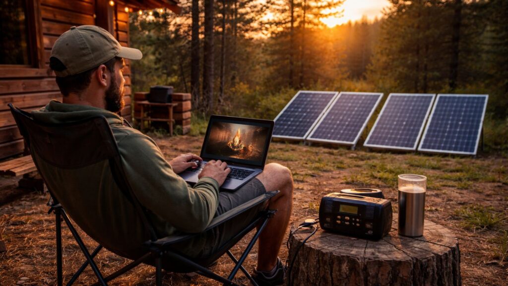 person using laptop outdoors powered by small off-grid solar system at sunset