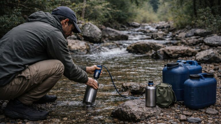 Person using a portable water filter to collect clean drinking water from a forest stream