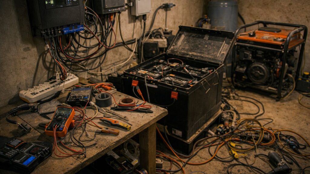 cluttered off-grid power system with tangled wires, open battery box, tools, and generator in a messy utility space