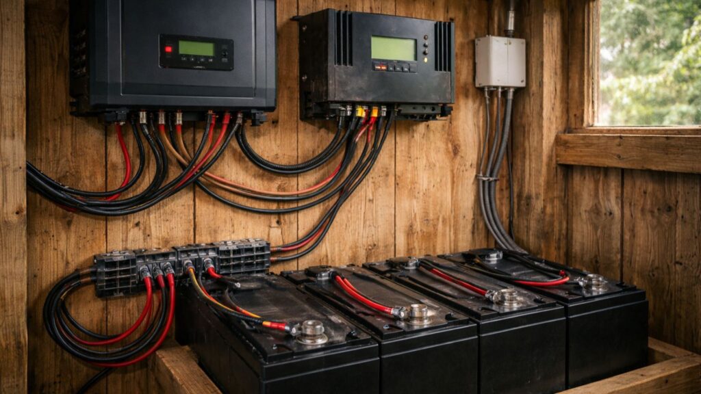 Well-organized off-grid electrical system with fully connected battery bank, inverter, and charge controller