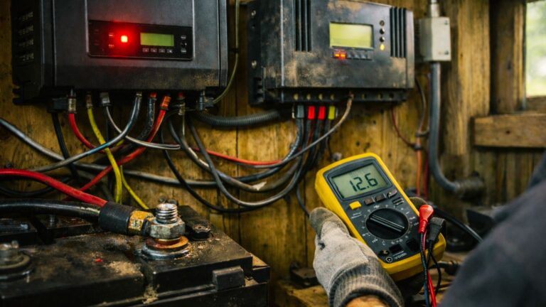 technician using multimeter to inspect off-grid power system with inverter warning light and corroded battery terminal