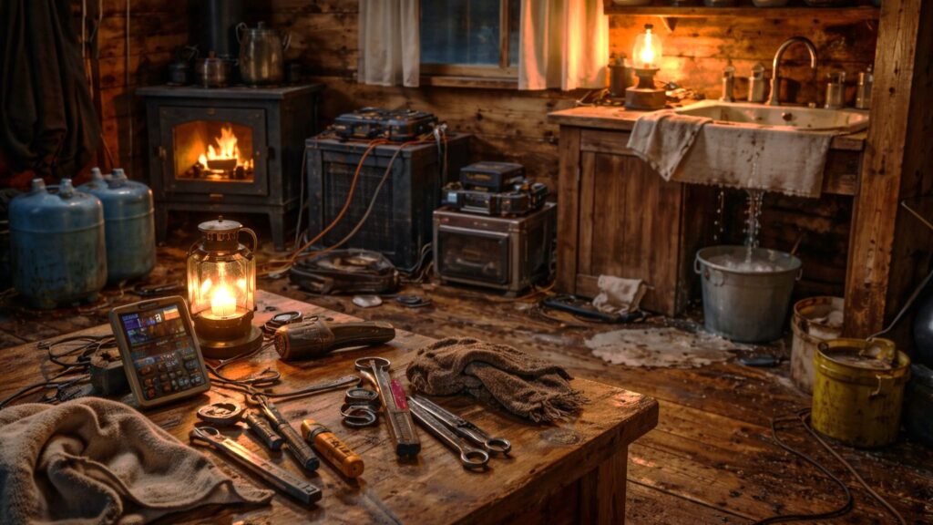 Off-grid cabin interior with leaking sink, tools scattered, dim lantern light, and failing systems