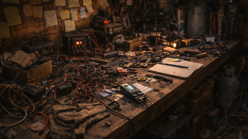 Cluttered off-grid workspace with tangled wires, tools, notes, and multiple unfinished tasks in dim lighting