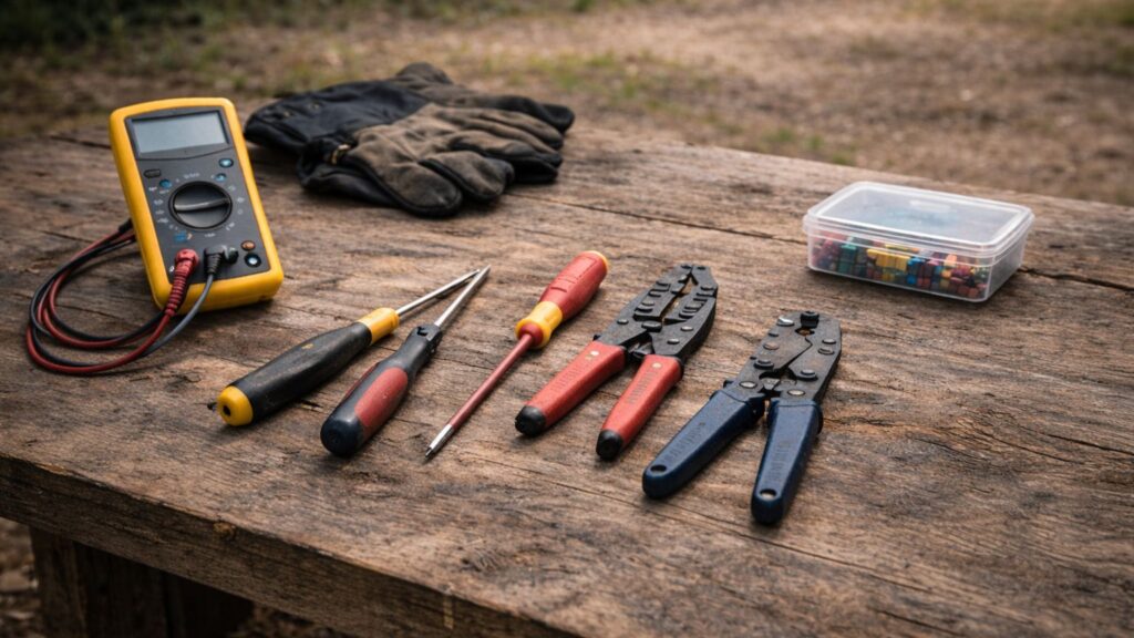 Essential off-grid tools including multimeter, screwdrivers, crimping tool, wire cutters, gloves, and connectors laid out on a workbench outdoors