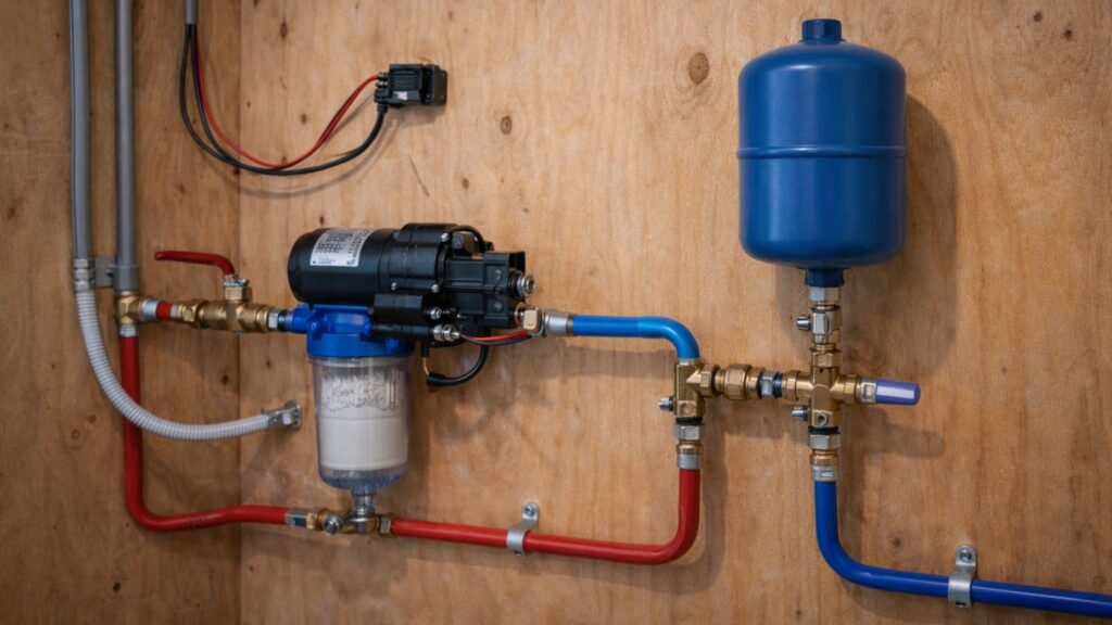 Off-grid water system with sediment filter, 12V pump, shutoff valves, accumulator tank, and PEX plumbing