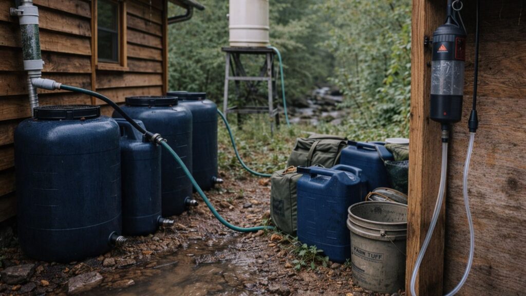 Layered off-grid water system with rain barrels, gravity tank, portable filtration, and backup containers beside a cabin
