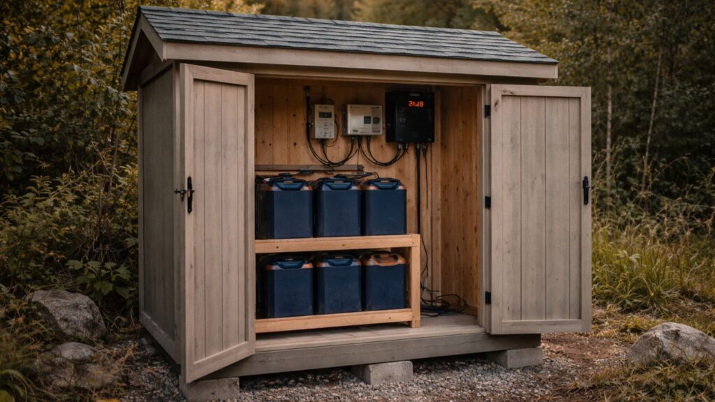 Off-grid solar battery system installed inside a small outdoor shed with proper enclosure, ventilation, and protected wiring