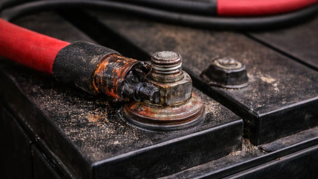 Damaged off-grid battery terminal with melted cable insulation and burn marks indicating electrical failure