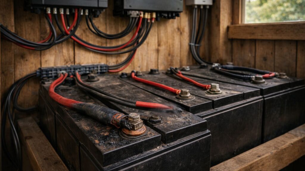 Off-grid battery bank showing a damaged cable with melted insulation and burn marks near a terminal connection