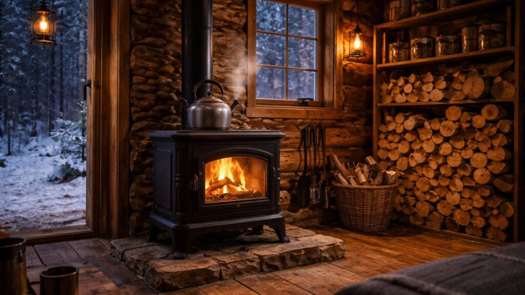Cast iron wood stove heating an off-grid cabin with stacked firewood and winter outside