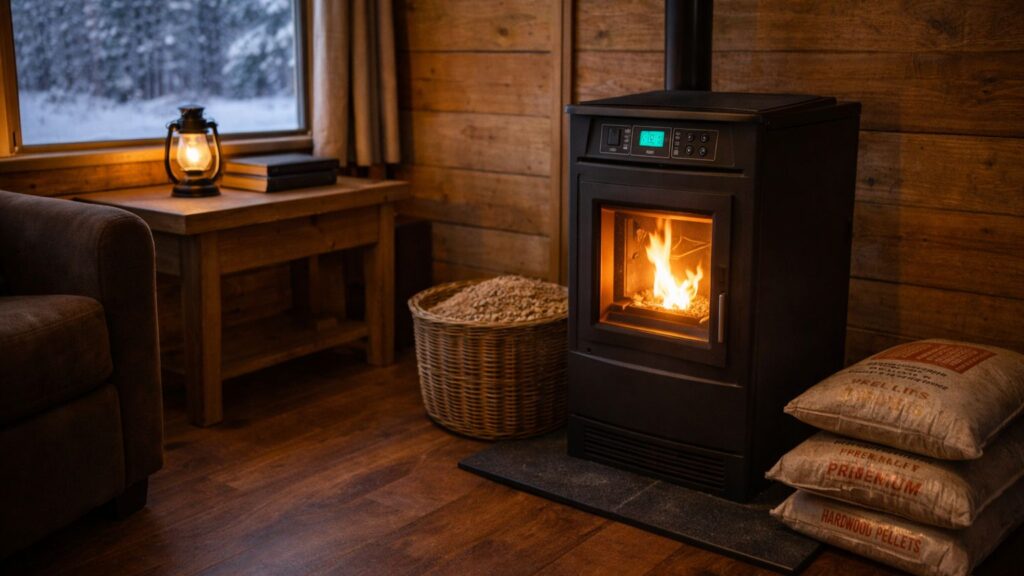 pellet stove heating off grid home with closed hopper and pellet bags nearby