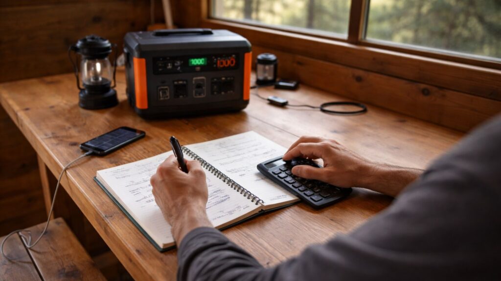 Person calculating solar panel and battery needs inside an off-grid cabin using notebook and calculator with solar generator nearby
