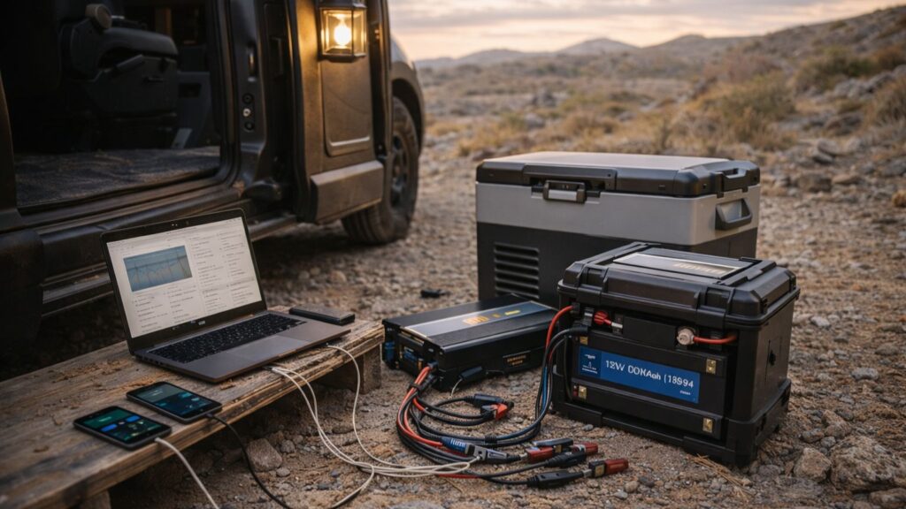 portable battery system powering laptop fridge and devices at off grid campsite