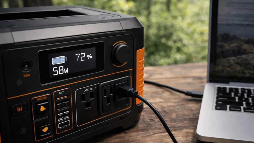 Portable power station showing battery percentage and watt usage while powering a laptop off-grid