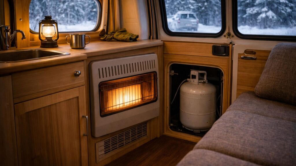 propane heater installed in camper van providing heat in off grid winter conditions