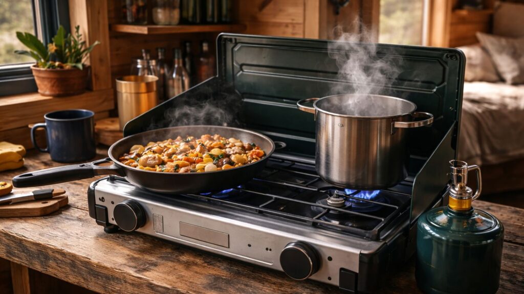 propane stove cooking meal off grid with adjustable flame and cookware