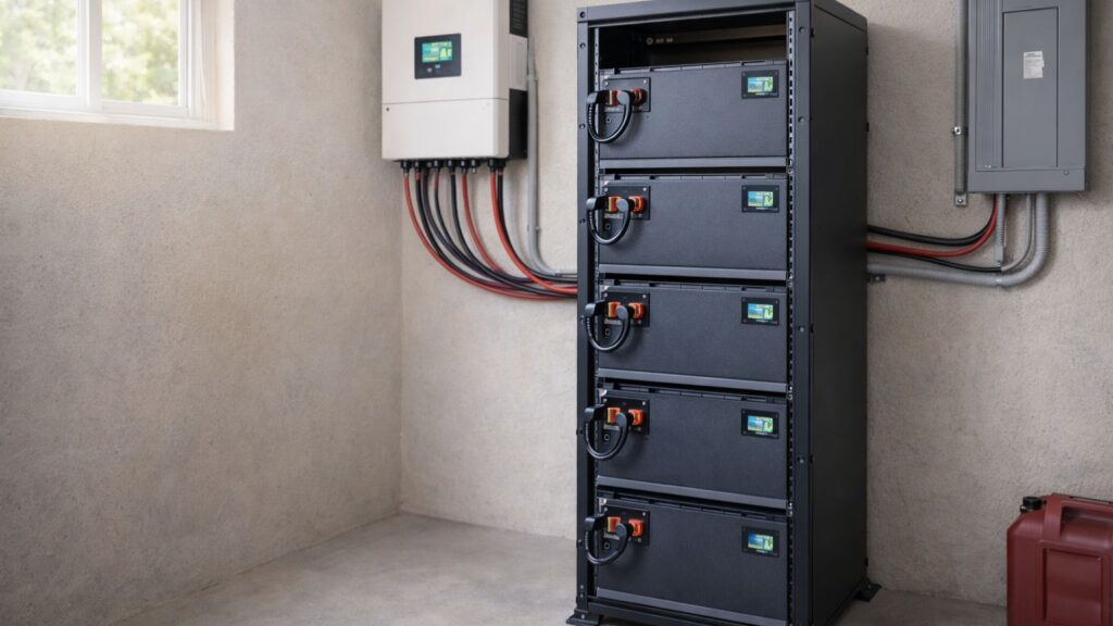 Rack-mounted lithium battery bank with inverter in a bright utility room off-grid system