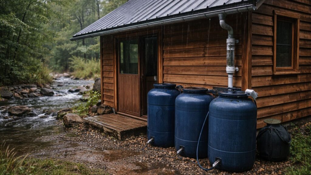 Off-grid cabin collecting rainwater from a metal roof into sealed storage barrels with gutter and first-flush system