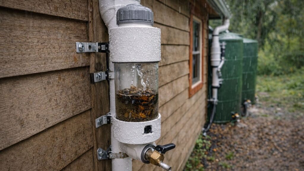first flush diverter pipe removing debris from rainwater before entering storage tank