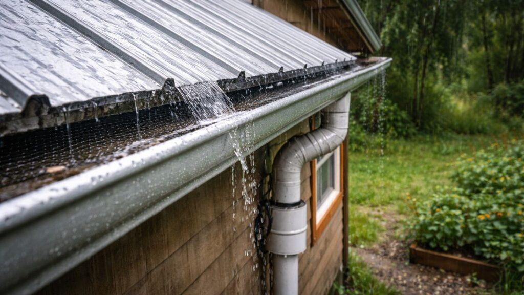 rainwater flowing from metal roof into gutter and downspout on off grid cabin