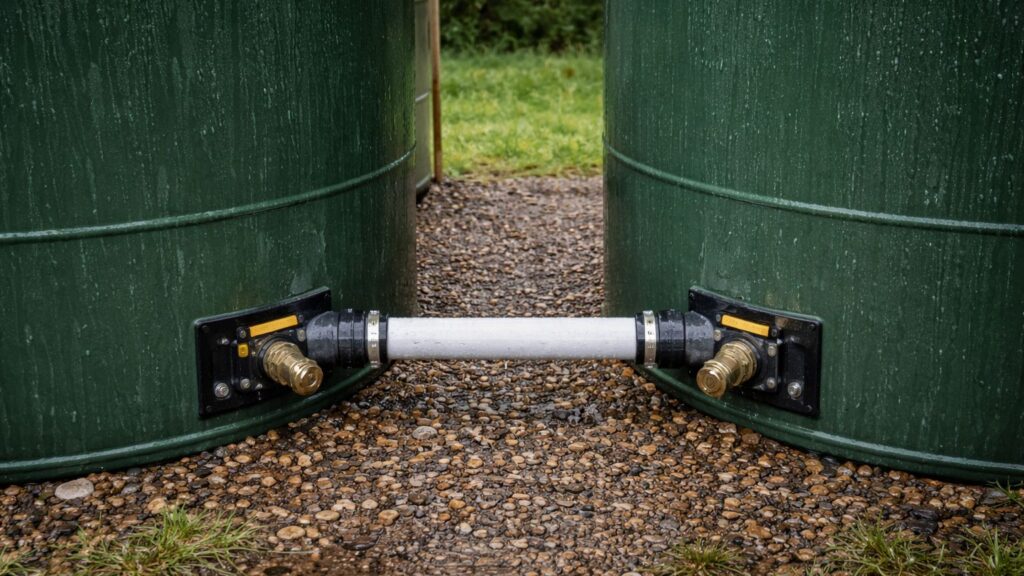 rainwater tanks connected at base with equalization pipe allowing balanced water levels