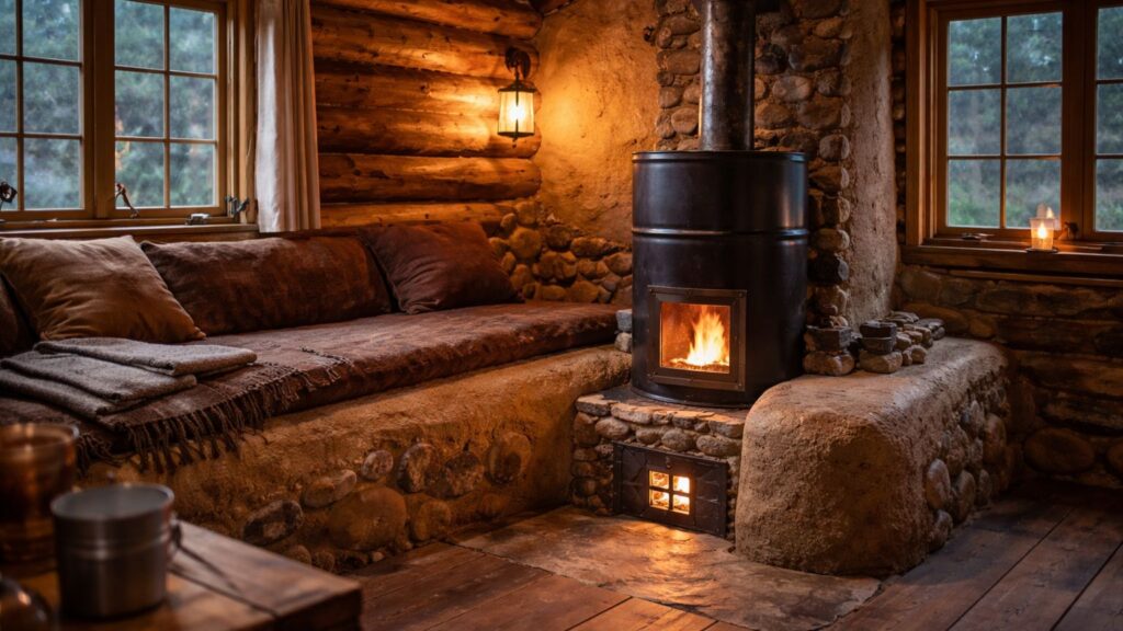 Rocket mass heater with cob bench inside an off-grid cabin providing long-lasting radiant heat